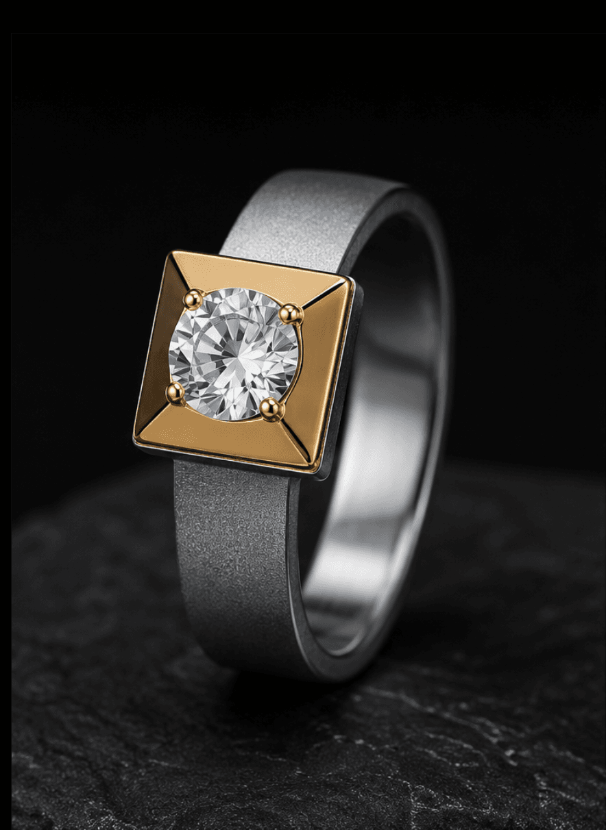 Premium Titanium Solitaire Ring with Gold Accent
